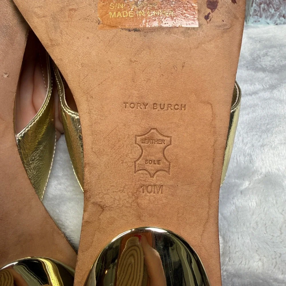 Tory Burch Capri Metallic Kitten-Heel Thong Sandals Womens 10 Gold Leather Logo